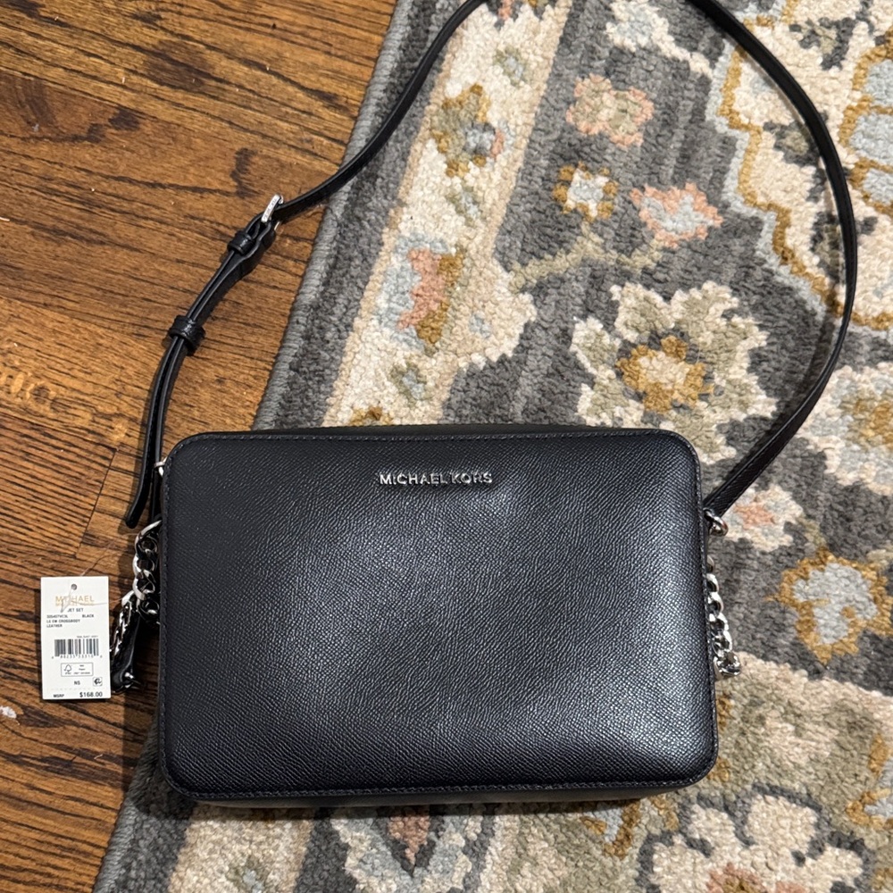 NEW!! Michael Kors Black Leather Crossbody with Silver Chain